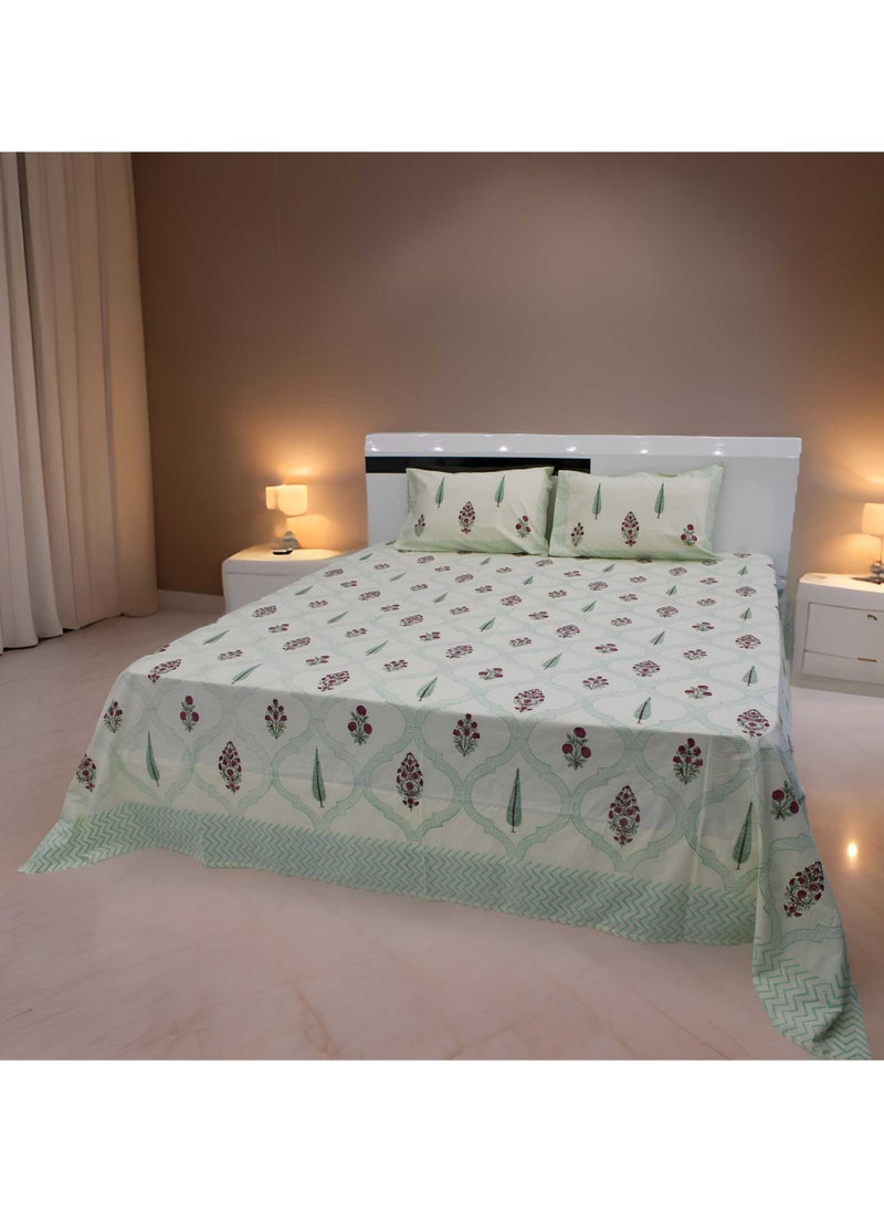 MARHABA CURTAIN 100% Cotton Jaipuri Handblock Print Double Bed Sheet with 2 Pillow Covers Premium Quality, Soft, Breathable (CREAMLILLY 20 (1)  - Image 2