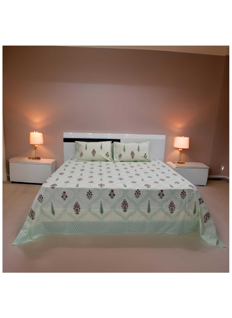 MARHABA CURTAIN 100% Cotton Jaipuri Handblock Print Double Bed Sheet with 2 Pillow Covers Premium Quality, Soft, Breathable (CREAMLILLY 20 (1)  - Image 3