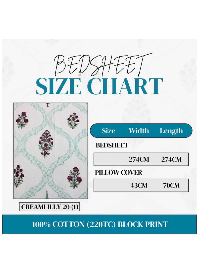 MARHABA CURTAIN - 100% Cotton Jaipuri Handblock Print Double Bed Sheet with 2 Pillow Covers Premium Quality, Soft, Breathable (CREAMLILLY 20 (1) - Image 1