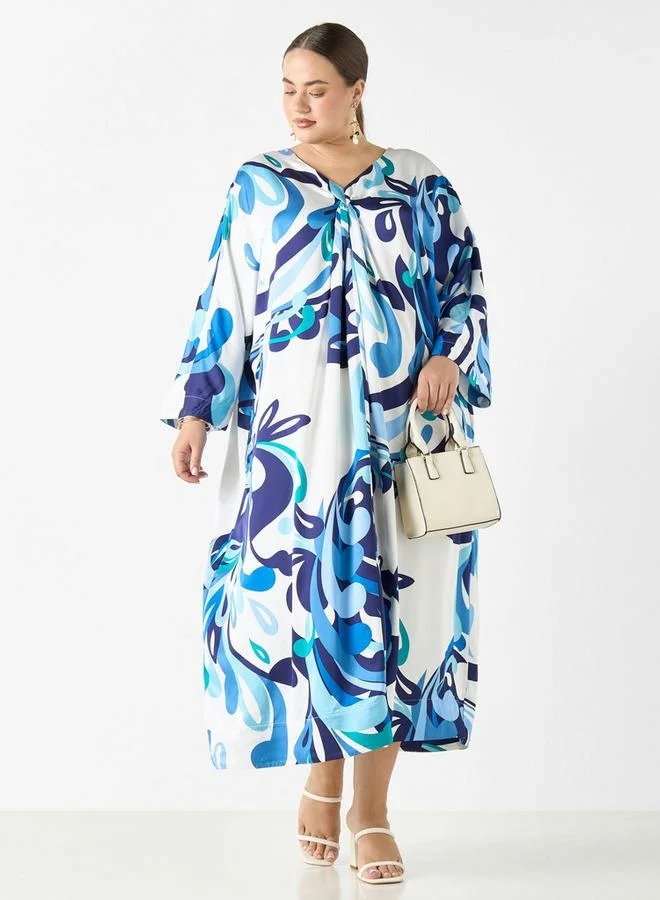 Ulla Popken Plus Size Ulla Popken Printed Viscose Kaftan Maxi Dress with Short Sleeves