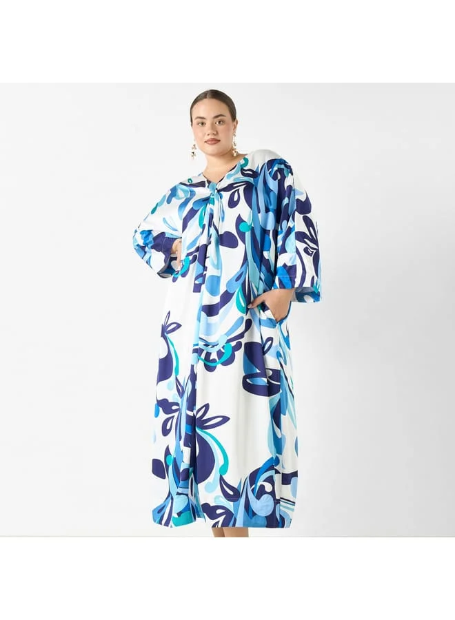 Ulla Popken Plus Size Ulla Popken Printed Viscose Kaftan Maxi Dress with Short Sleeves