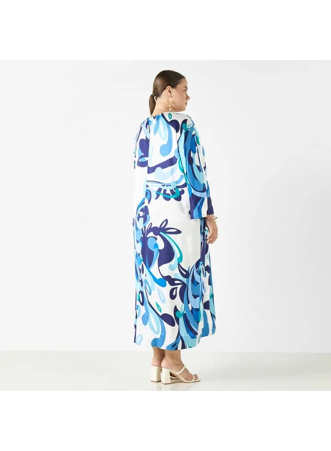 Ulla Popken Plus Size Ulla Popken Printed Viscose Kaftan Maxi Dress with Short Sleeves