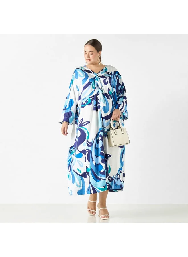 Ulla Popken Plus Size Ulla Popken Printed Viscose Kaftan Maxi Dress with Short Sleeves