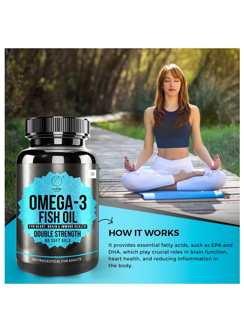 Omega 3 Fish Oil with EPA & DHA Fatty Acids - Heart, Brain & Immune Support for Men & Women, 1000 mg, Double Strength, 60 Softgels