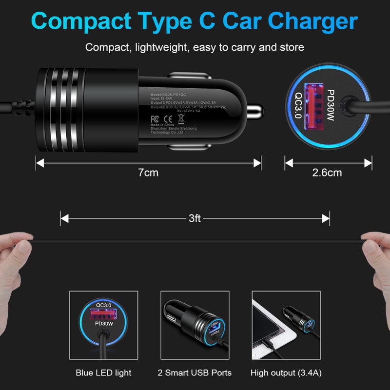 ANDHOT شاحن سيارة فائق السرعة 48 واط USB C مع كابل شحن سريع مدمج 30 واط لهواتف أندرويد لشركة سامسونج جالاكسي S25 S24 S23 ألترا S22 S21 S20 FE A16 A15 A14 A54 A53 A23 A13 A03S Z فليب 7 6 - Image 5