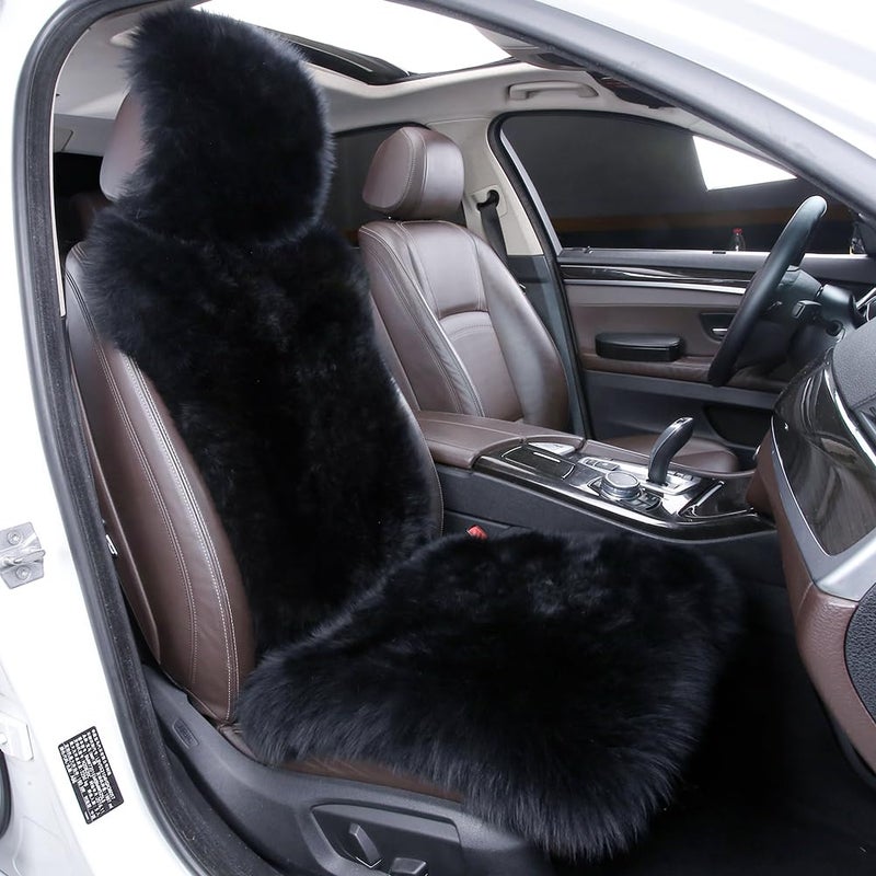 OGLAND Sheepskin Fur Car Seat Covers Universal Size Australian Long Wool Car Seat Cushion for Adult Man Women 1 Piece Seat Black