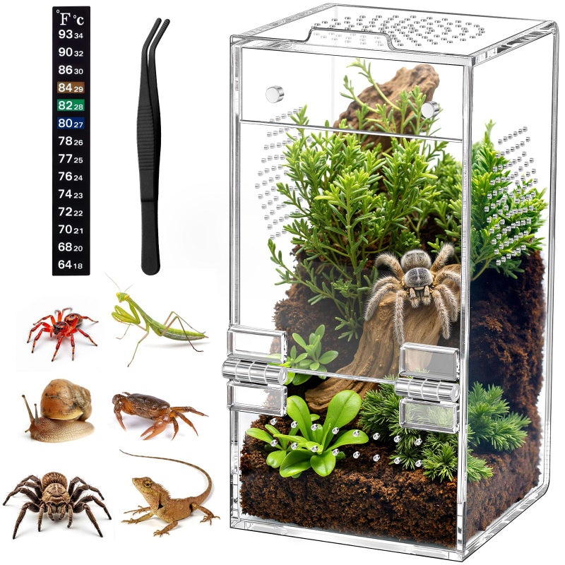 CourtyardAid Pre-Assembled Jumping Spider Enclosure, Acrylic Terrarium with Magnetic Door & All-Side Ventilation, Habitat for Spiderling, Mantis, Tarantula, Snail, 3.5"Ã—3.5"Ã—7" (Tweezer & Temp Sticker Included) - Image 1