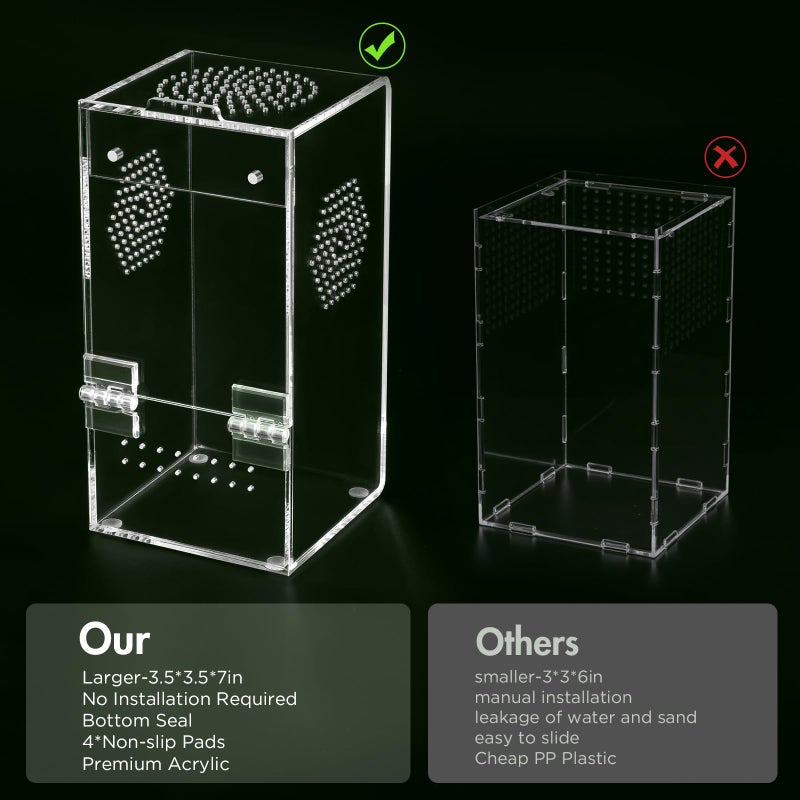 CourtyardAid Pre-Assembled Jumping Spider Enclosure, Acrylic Terrarium with Magnetic Door & All-Side Ventilation, Habitat for Spiderling, Mantis, Tarantula, Snail, 3.5"Ã—3.5"Ã—7" (Tweezer & Temp Sticker Included) - Image 3