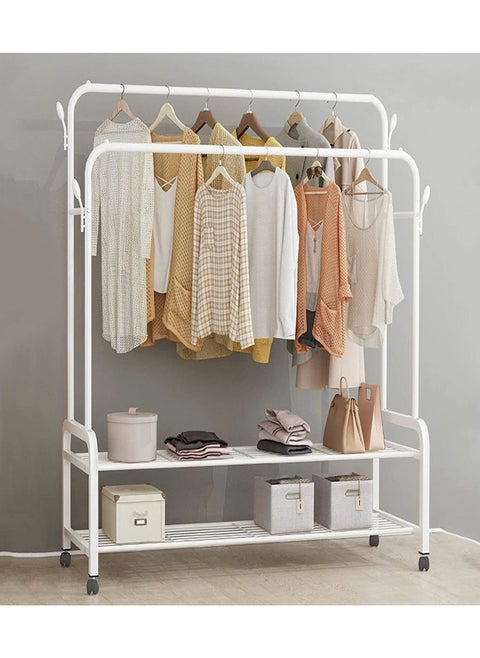 Clothes Rails Garment Rack With Wheel Heavy Duty Clothes Rail With 4 Side Hooks And 2 Tier Lower Storage Shelf, For Home Bedroom Entryway