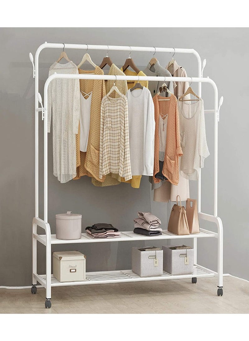 Clothes Rails Garment Rack With Wheel Heavy Duty Clothes Rail With 4 Side Hooks And 2 Tier Lower Storage Shelf, For Home Bedroom Entryway