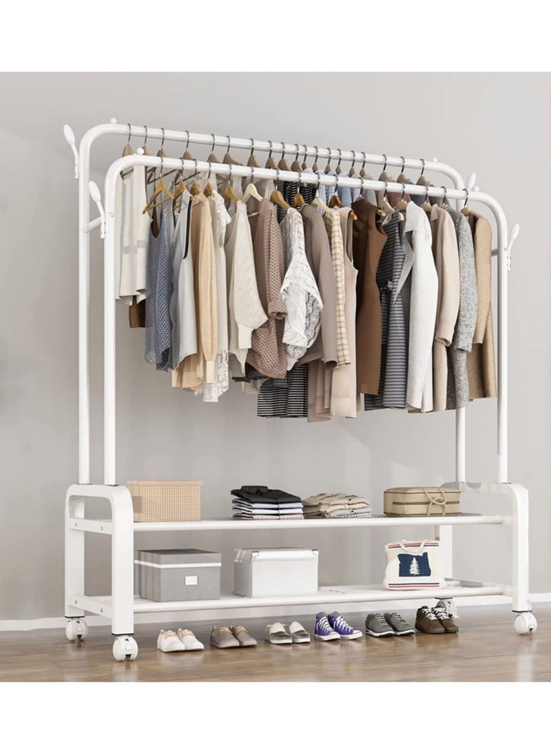 Clothes Rails Garment Rack With Wheel Heavy Duty Clothes Rail With 4 Side Hooks And 2 Tier Lower Storage Shelf, For Home Bedroom Entryway