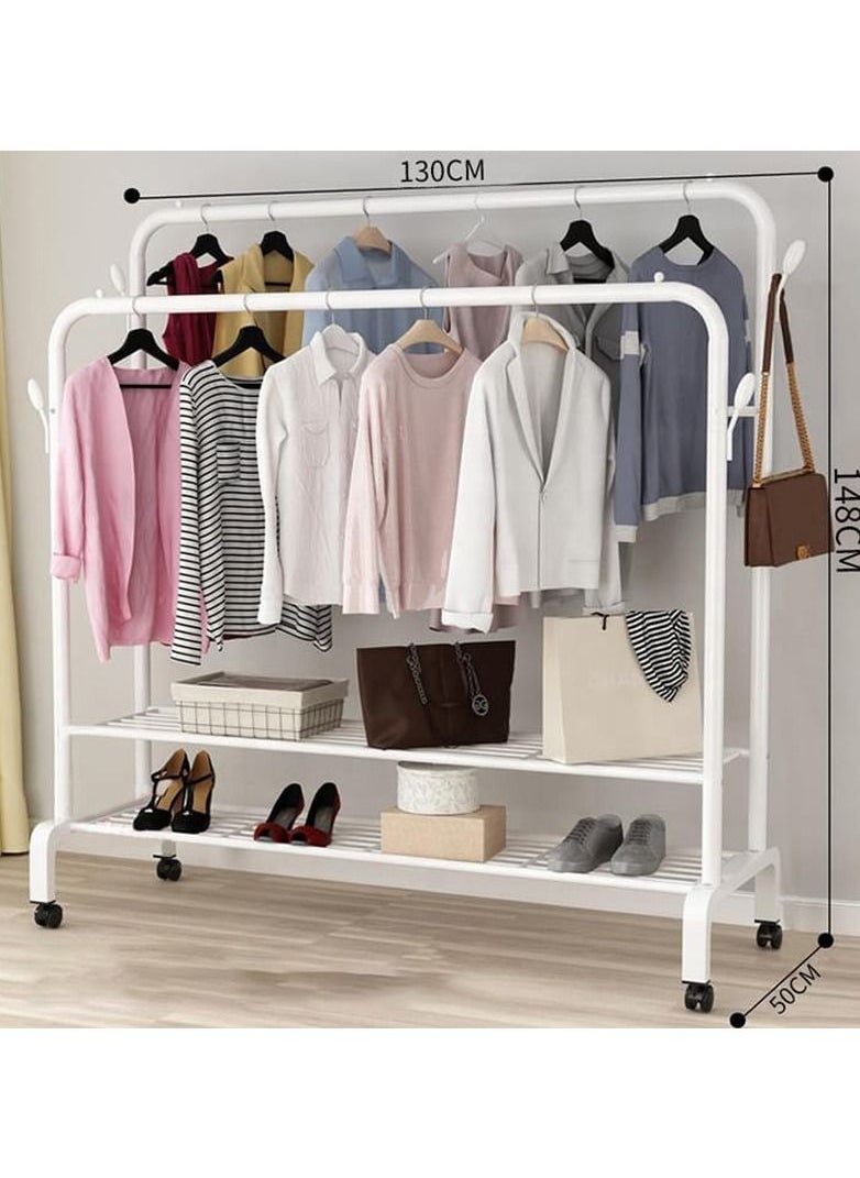 Clothes Rails Garment Rack With Wheel Heavy Duty Clothes Rail With 4 Side Hooks And 2 Tier Lower Storage Shelf, For Home Bedroom Entryway
