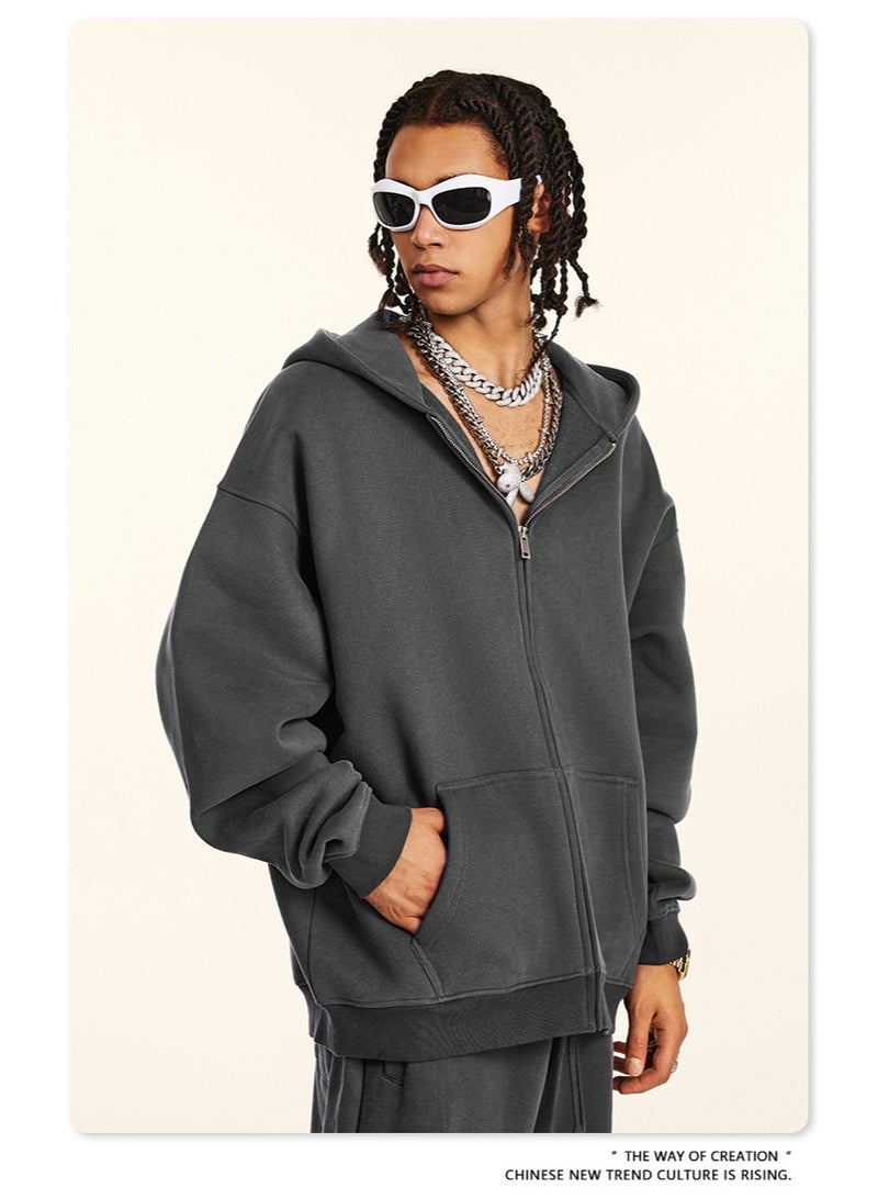 بى طقم من قطعتين: سويت شيرت بغطاء رأس بلون سادة مبطن بالصوف، وكارديجان فضفاض كاجوال، وبنطال رياضي (رمادي داكن) - Image 3