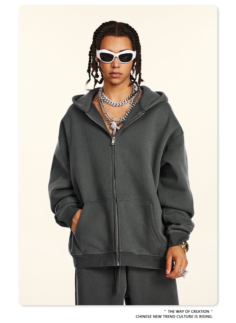 بى طقم من قطعتين: سويت شيرت بغطاء رأس بلون سادة مبطن بالصوف، وكارديجان فضفاض كاجوال، وبنطال رياضي (رمادي داكن) - Image 4