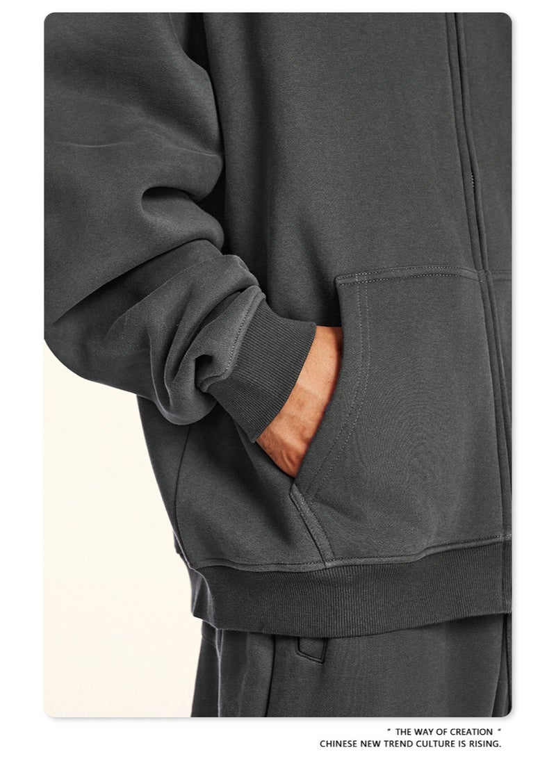 بى طقم من قطعتين: سويت شيرت بغطاء رأس بلون سادة مبطن بالصوف، وكارديجان فضفاض كاجوال، وبنطال رياضي (رمادي داكن) - Image 5