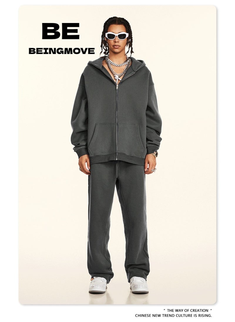 بى طقم من قطعتين: سويت شيرت بغطاء رأس بلون سادة مبطن بالصوف، وكارديجان فضفاض كاجوال، وبنطال رياضي (رمادي داكن) - Image 1