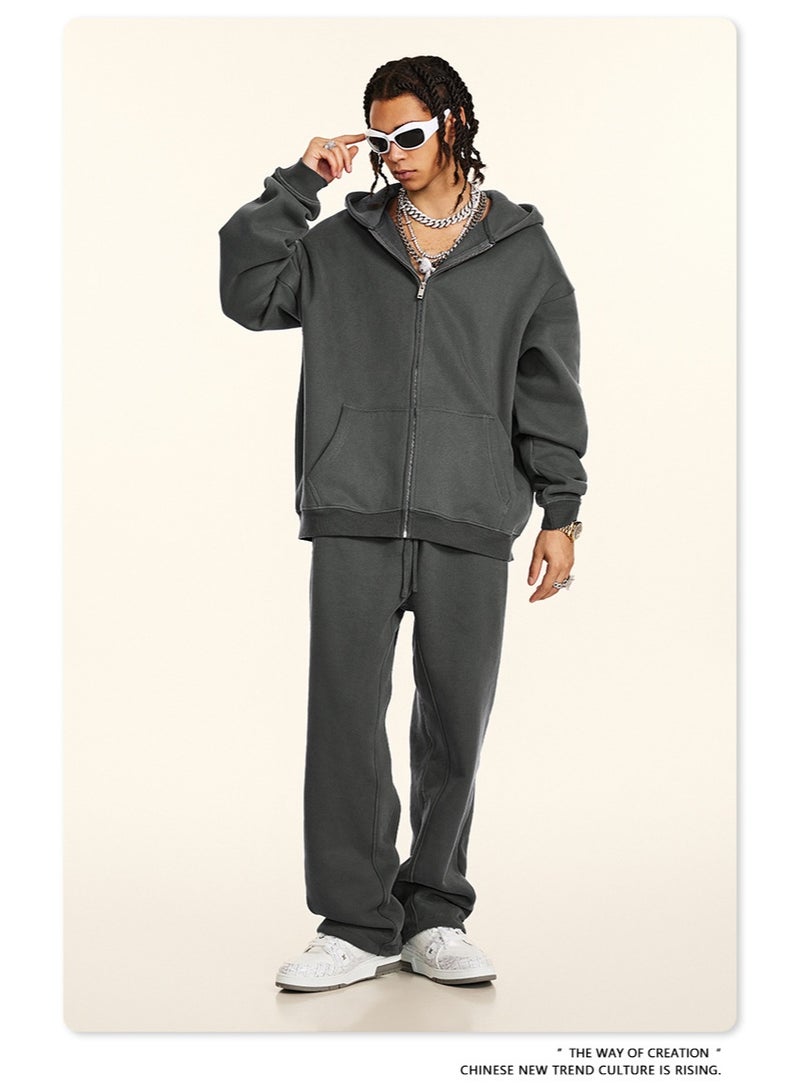 بى طقم من قطعتين: سويت شيرت بغطاء رأس بلون سادة مبطن بالصوف، وكارديجان فضفاض كاجوال، وبنطال رياضي (رمادي داكن) - Image 2