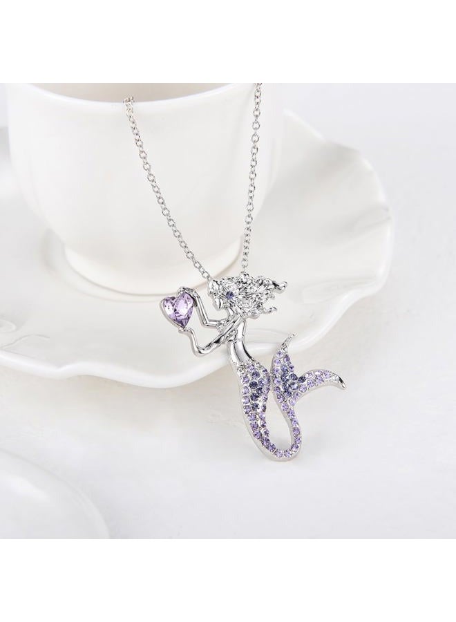 luomart Fashion Mermaid Birthstone Necklace Jewelry White Gold Plated Austrian Crystal Magic Pendant Gift (Amethyst) - Image 2