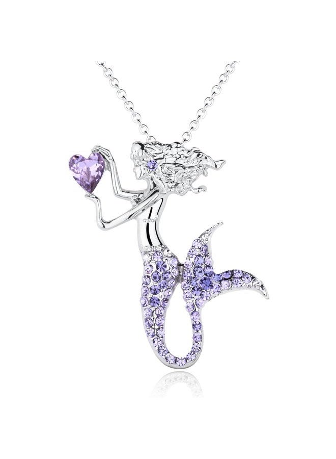 luomart Fashion Mermaid Birthstone Necklace Jewelry White Gold Plated Austrian Crystal Magic Pendant Gift (Amethyst) - Image 1