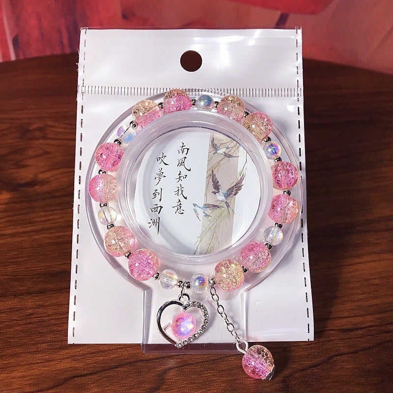 New Heart Crystal Beaded Bracelet Glass Charm Jewelry for Kids, Sweet and Fresh Student Gift