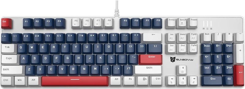Merdia Mechanical Gaming Keyboard | Wired Gaming Keyboard | White Backlit Keyboard with Red Switches and 104 Keys | Hot Swappable Mechanical Keyboard | Mechanical Keyboard, Gaming Keyboards, Blue/White/Red - Image 1