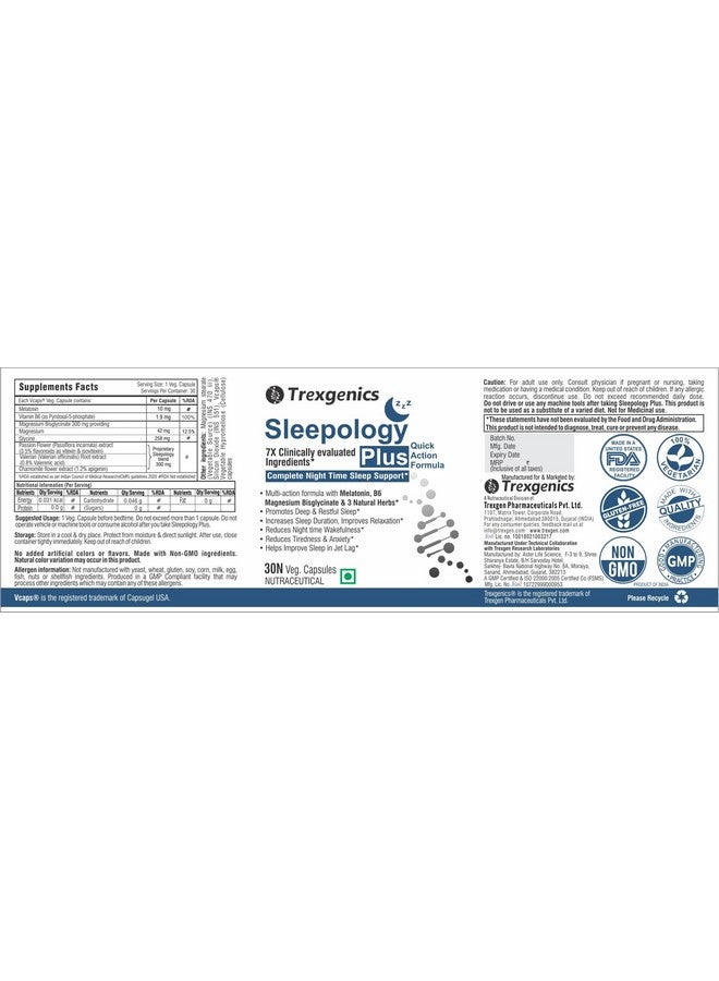 Trexgenics تريكسجينكس سليبولوجي بلس ميلاتونين 10 ملغ دعم النوم مع مغنيسيوم بيسغليسينات، P5P، بابونج، زهرة العاطفة، فاليريان نباتي وغير معدل وراثيًا (30 كبسولة نباتية) (عبوة من 1) - Image 2