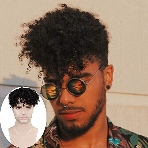 Voloria Toupee for Man Europen Human Hair Replacement Systems Men Hairpiece Mono Lace with PU Around Small Curly Wig Natural Black Color 8x7