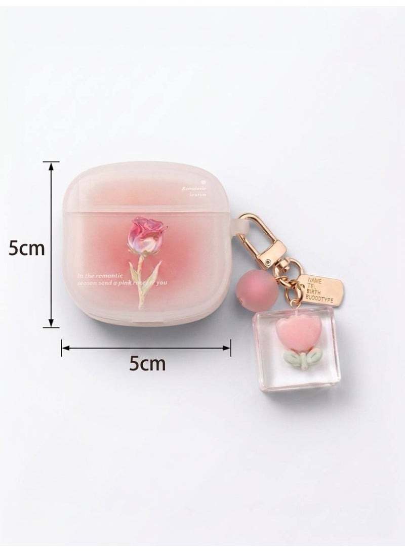 Aura Style Floral Rose Pattern AirPods 4 Case with Luminous Pendant for Women, Shockproof TPU Protective Cover, Pink - Image 2