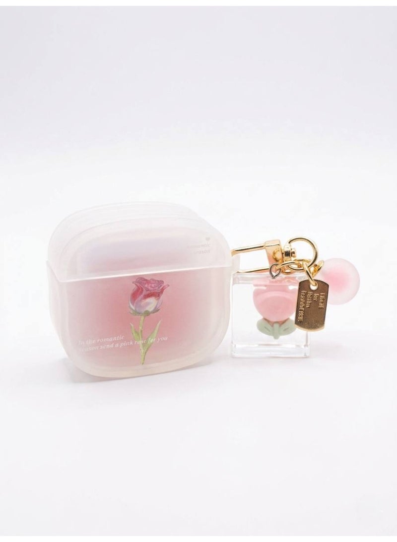 Aura Style Floral Rose Pattern AirPods 4 Case with Luminous Pendant for Women, Shockproof TPU Protective Cover, Pink - Image 4