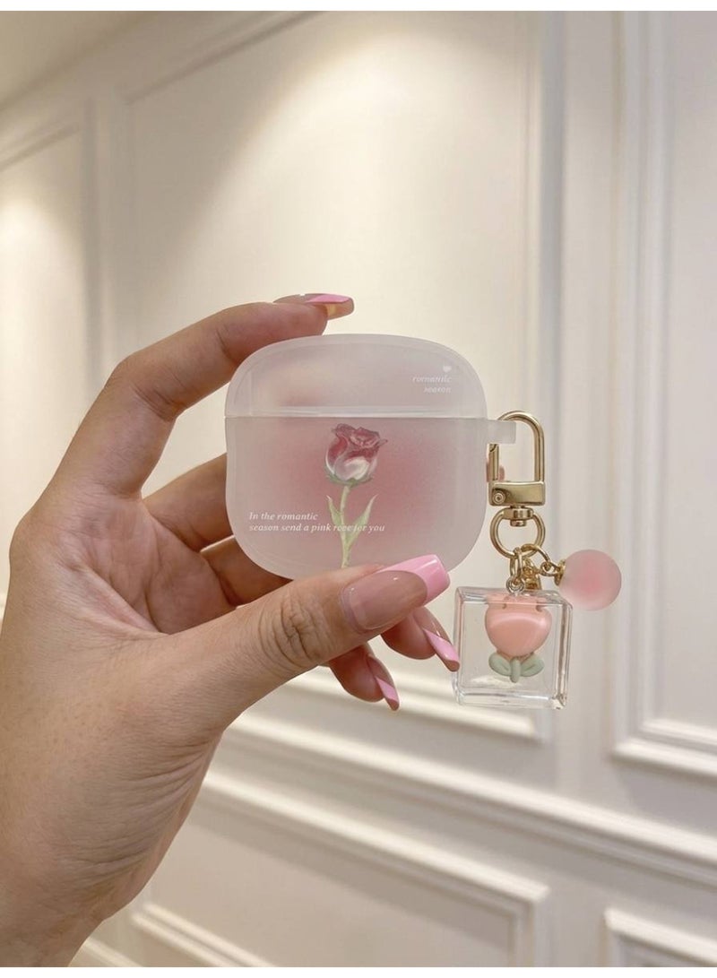 Aura Style Floral Rose Pattern AirPods 4 Case with Luminous Pendant for Women, Shockproof TPU Protective Cover, Pink - Image 3