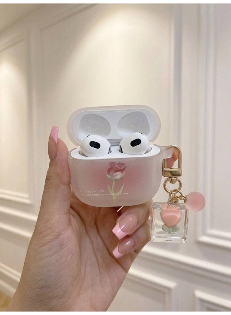 Aura Style Floral Rose Pattern AirPods 4 Case with Luminous Pendant for Women, Shockproof TPU Protective Cover, Pink - Image 1