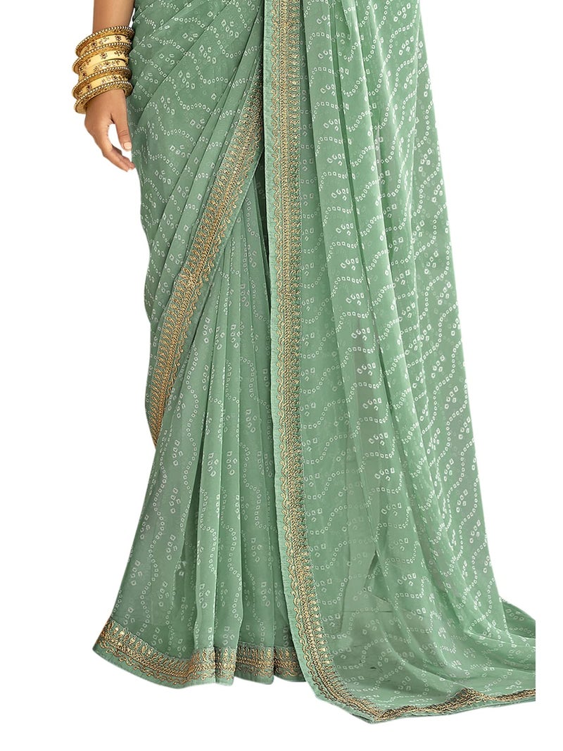 Satrani Women's Bandhani Printed & Embroidery Work In Lace Georgette Saree with Unstitched Blouse Piece(2302SR131_Mint Green) - Image 3