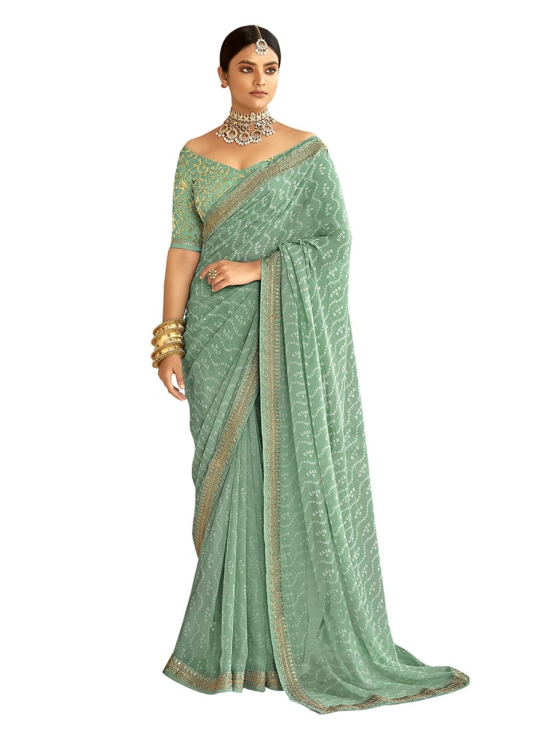 Satrani Women's Bandhani Printed & Embroidery Work In Lace Georgette Saree with Unstitched Blouse Piece(2302SR131_Mint Green) - Image 1