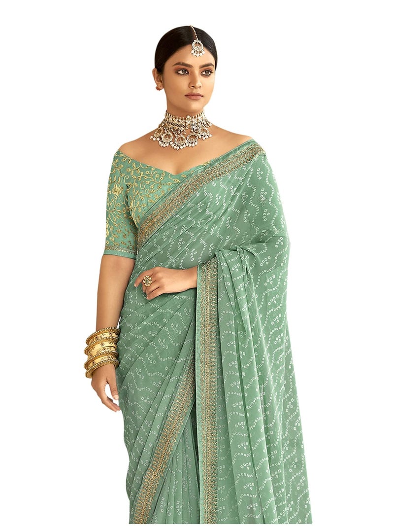 Satrani Women's Bandhani Printed & Embroidery Work In Lace Georgette Saree with Unstitched Blouse Piece(2302SR131_Mint Green) - Image 2