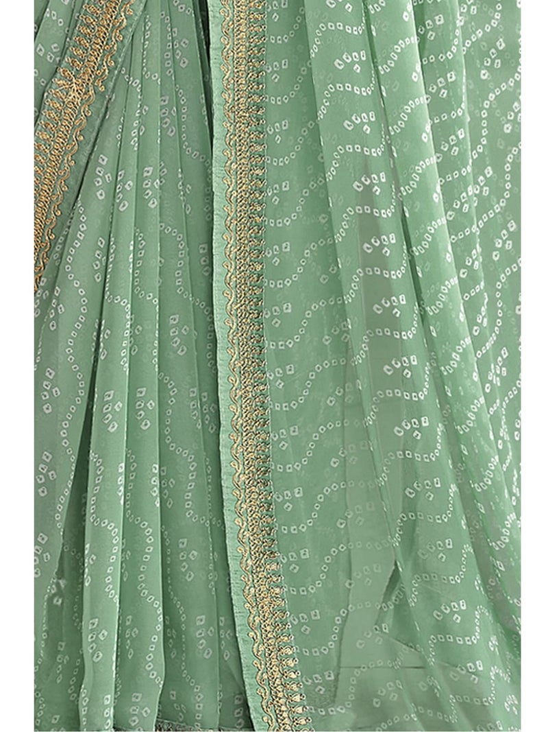 Satrani Women's Bandhani Printed & Embroidery Work In Lace Georgette Saree with Unstitched Blouse Piece(2302SR131_Mint Green) - Image 5