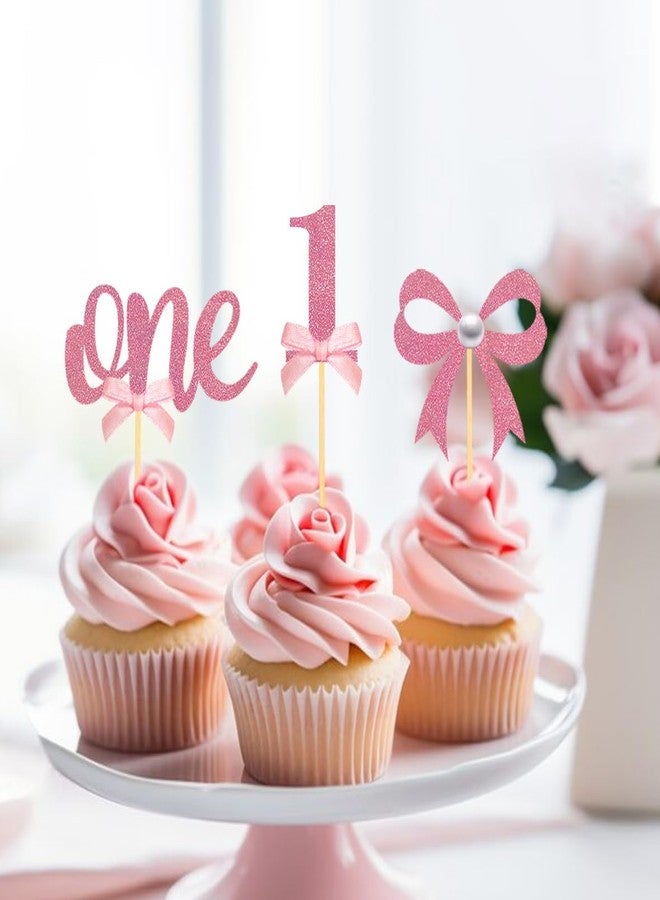 Moitkptt 24Pcs Pink Bow 1st Birthday Cupcake Toppers, Pink Bow Theme Cupcake Topper for First Birthday Decorations Girl Baby Shower Cake Decorations (1st) - Image 4