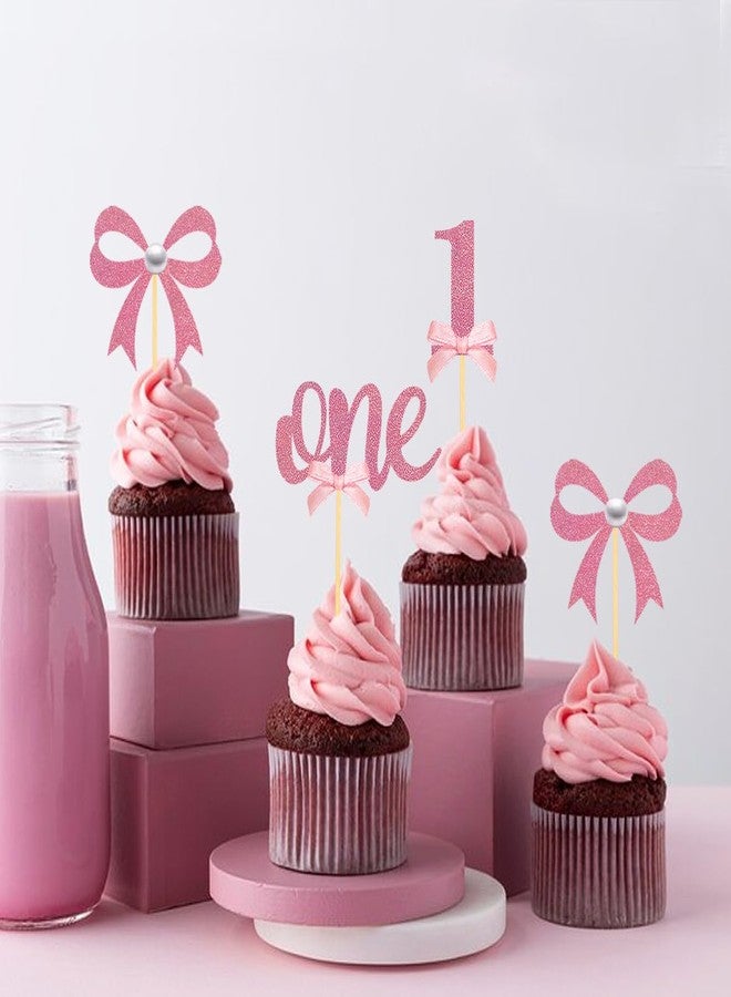 Moitkptt 24Pcs Pink Bow 1st Birthday Cupcake Toppers, Pink Bow Theme Cupcake Topper for First Birthday Decorations Girl Baby Shower Cake Decorations (1st) - Image 3