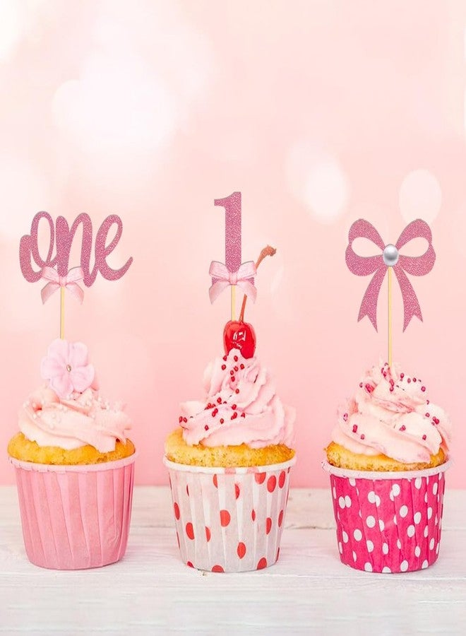Moitkptt 24Pcs Pink Bow 1st Birthday Cupcake Toppers, Pink Bow Theme Cupcake Topper for First Birthday Decorations Girl Baby Shower Cake Decorations (1st) - Image 5