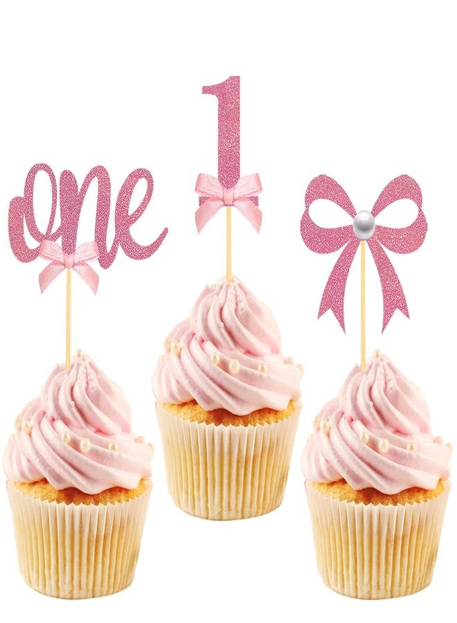 Moitkptt 24Pcs Pink Bow 1st Birthday Cupcake Toppers, Pink Bow Theme Cupcake Topper for First Birthday Decorations Girl Baby Shower Cake Decorations (1st) - Image 1