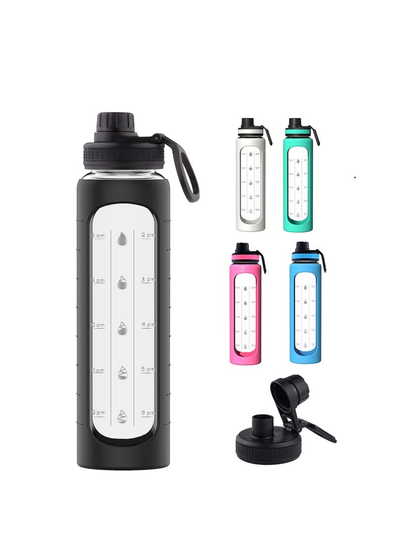 NIBEMINENT 32 oz Glass Water Bottle with Time Marks and Silicone Sleeve - Flip Lid, Motivational Bottles for Hydration, Reusable, Wide Mouth, Leakproof, 1 Liter Drinking Bottle, BPA Free - Image 1