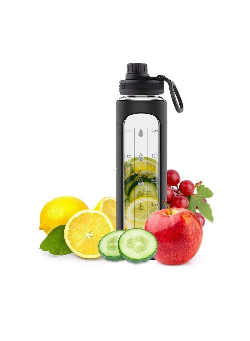 NIBEMINENT 32 oz Glass Water Bottle with Time Marks and Silicone Sleeve - Flip Lid, Motivational Bottles for Hydration, Reusable, Wide Mouth, Leakproof, 1 Liter Drinking Bottle, BPA Free - Image 3