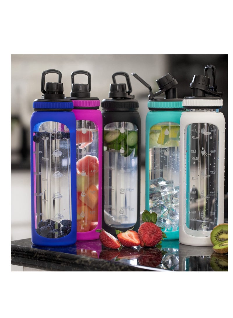 NIBEMINENT 32 oz Glass Water Bottle with Time Marks and Silicone Sleeve - Flip Lid, Motivational Bottles for Hydration, Reusable, Wide Mouth, Leakproof, 1 Liter Drinking Bottle, BPA Free - Image 2