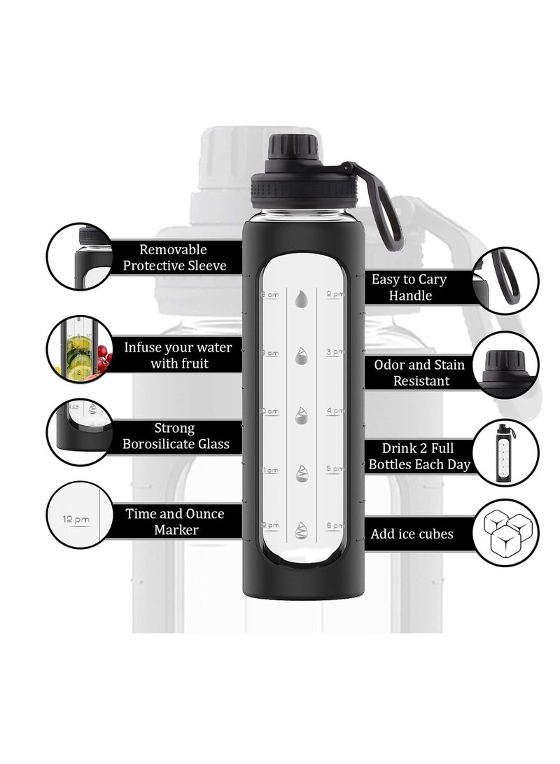 NIBEMINENT 32 oz Glass Water Bottle with Time Marks and Silicone Sleeve - Flip Lid, Motivational Bottles for Hydration, Reusable, Wide Mouth, Leakproof, 1 Liter Drinking Bottle, BPA Free - Image 4