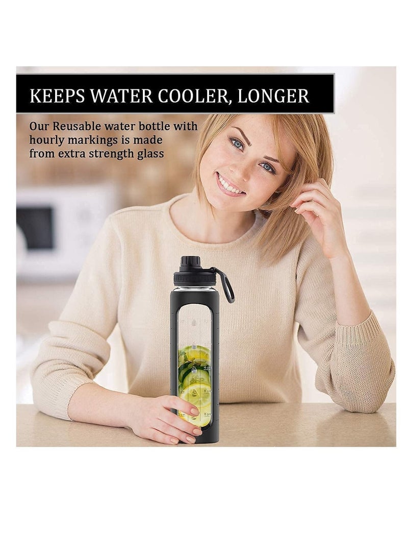 NIBEMINENT 32 oz Glass Water Bottle with Time Marks and Silicone Sleeve - Flip Lid, Motivational Bottles for Hydration, Reusable, Wide Mouth, Leakproof, 1 Liter Drinking Bottle, BPA Free - Image 5
