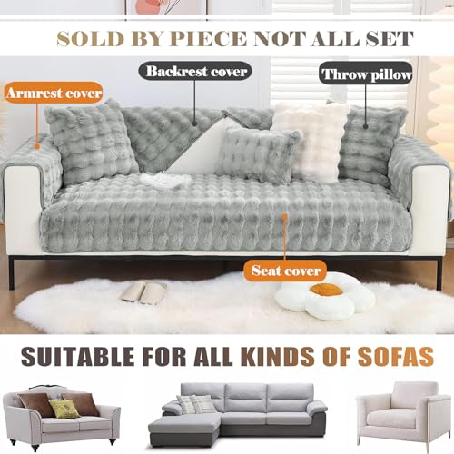 XSlive Soft Warm Faux Fur Couch Sofa Cover Thick Shaggy Fuzzy Sectional Couch Cover Non-Slip Solid Color Plush Sofa Slipcover Furniture Protector for Kids, Pets (Light Grey,36"x70") - Image 3