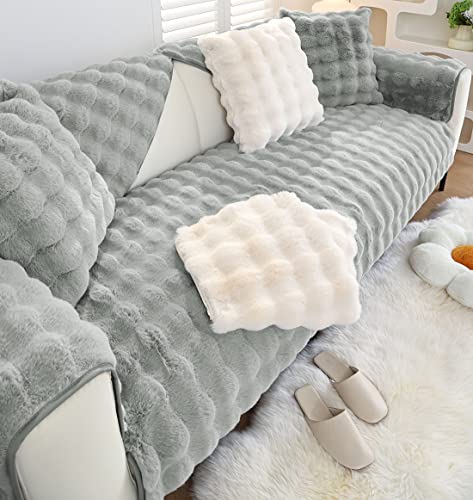 XSlive Soft Warm Faux Fur Couch Sofa Cover Thick Shaggy Fuzzy Sectional Couch Cover Non-Slip Solid Color Plush Sofa Slipcover Furniture Protector for Kids, Pets (Light Grey,36"x70") - Image 5