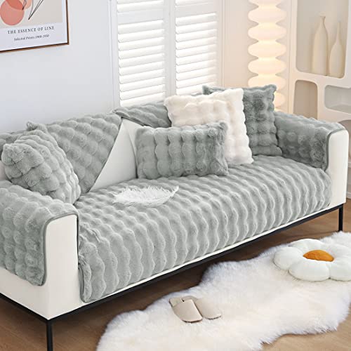 XSlive Soft Warm Faux Fur Couch Sofa Cover Thick Shaggy Fuzzy Sectional Couch Cover Non-Slip Solid Color Plush Sofa Slipcover Furniture Protector for Kids, Pets (Light Grey,36"x70") - Image 2