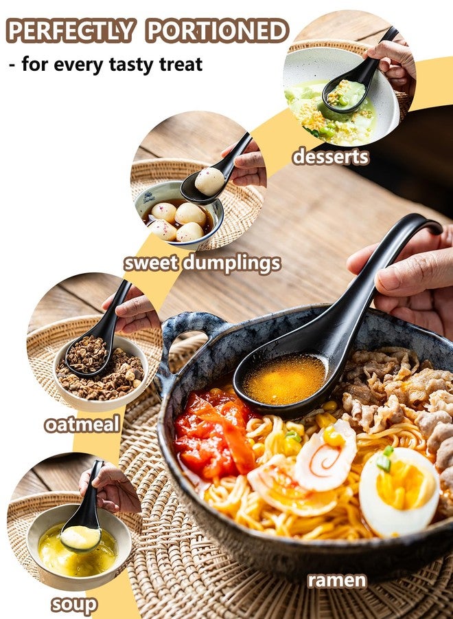 Gomakren Asian Soup Spoons, 6.5 Inch Ceramic Chinese Soup Spoons for Cereal, Ramen, Pho, Noodles, Stews, Black Kitchen Spoons with Long Handle and Deep Oval Design - Set of 6 - Image 5