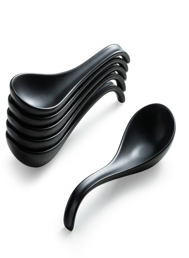 Gomakren Asian Soup Spoons, 6.5 Inch Ceramic Chinese Soup Spoons for Cereal, Ramen, Pho, Noodles, Stews, Black Kitchen Spoons with Long Handle and Deep Oval Design - Set of 6 - Image 1