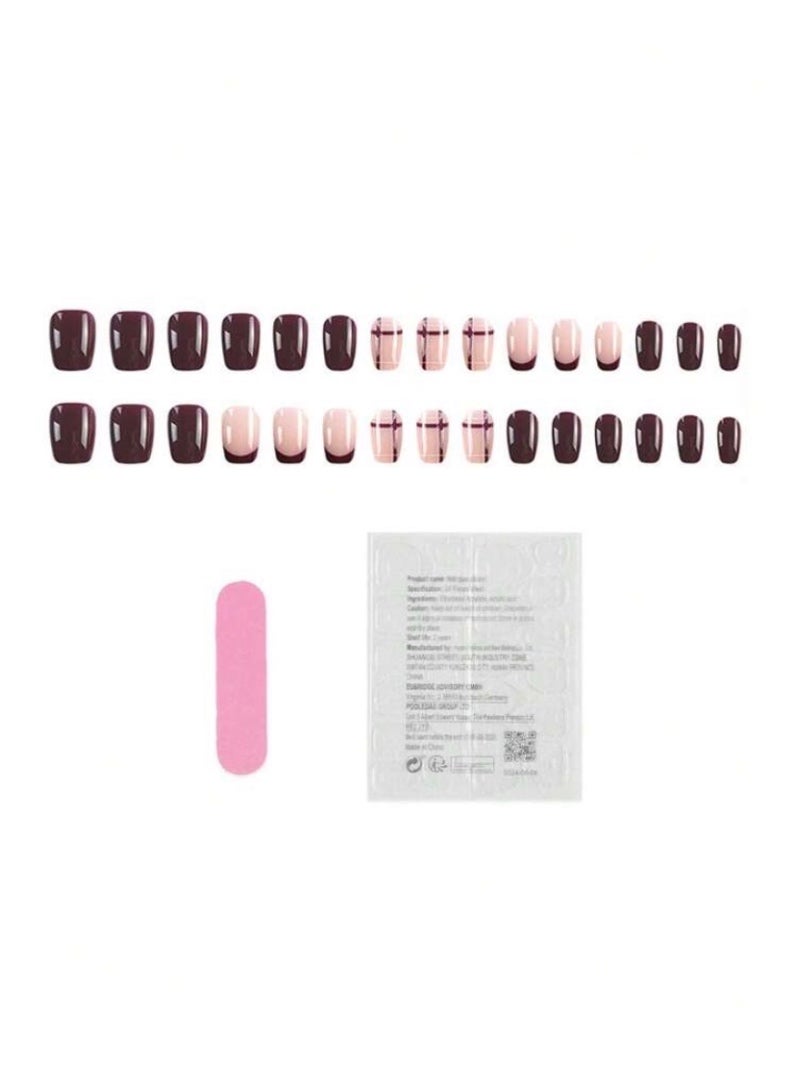 Tuline 30pcs/Box Burgundy French Manicure Press-On Nails - Medium Length, Glossy - Image 3